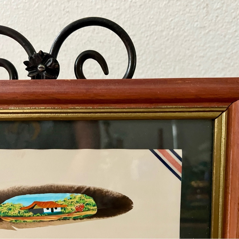Framed Costa Rica Artwork with Wooden Frame hand painted on Bird Feather 7/13 in - Picture 2 of 11